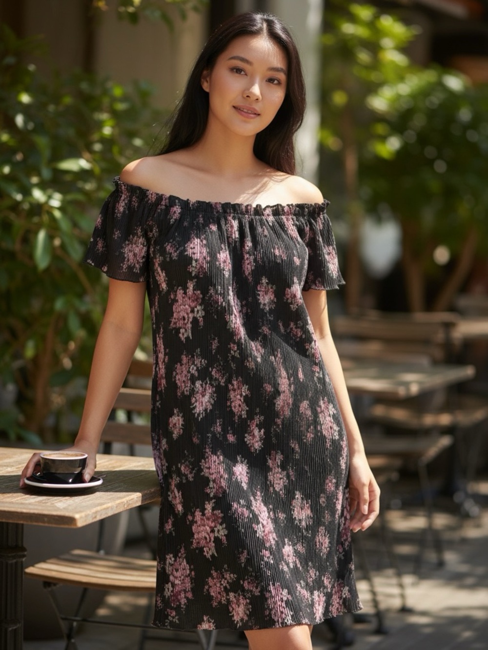 Off-Shoulder Black Mini Dress with Pink Floral Pattern
